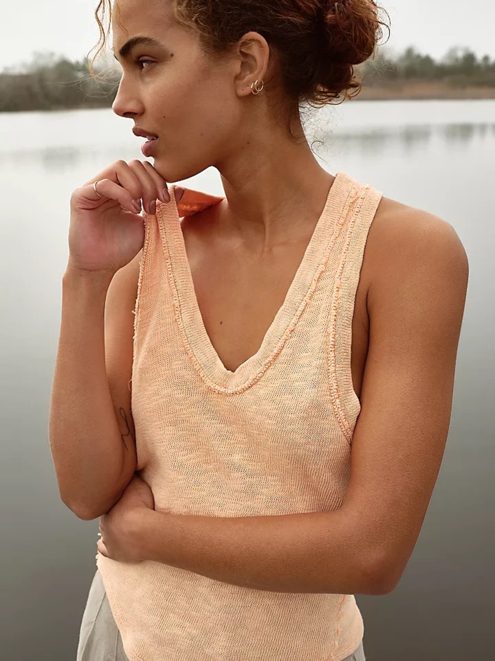 Free People We The Free Slim N Simple Tank Peach Distressed Knit L